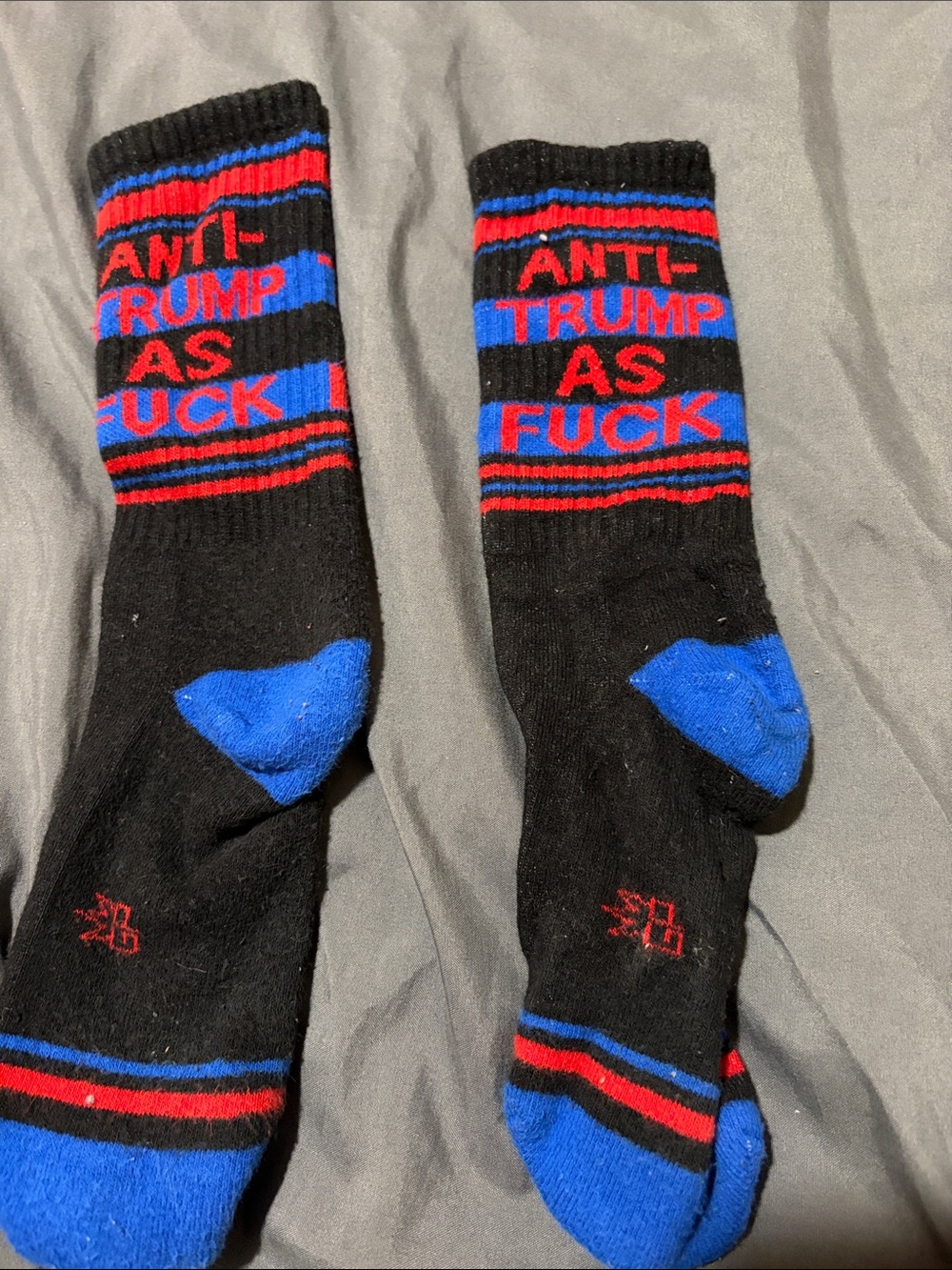 Black Crew Socks with Blue & Red Text — Anti-Trump Statement